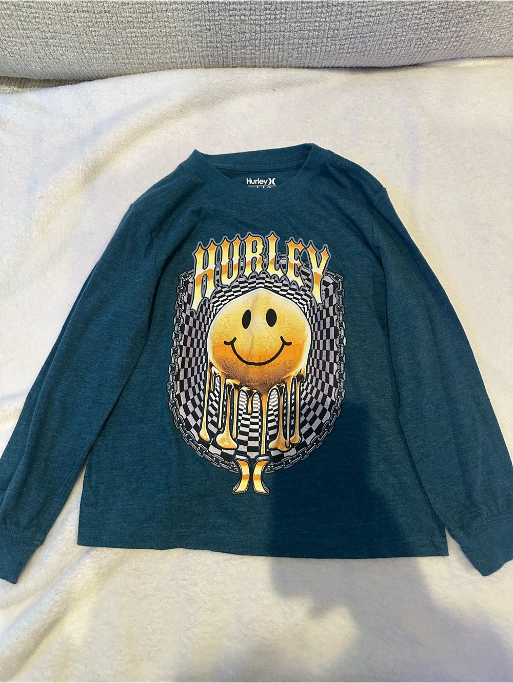 Hurley Teal Long-Sleeve Graphic Tee with Yellow Smiley Size 5